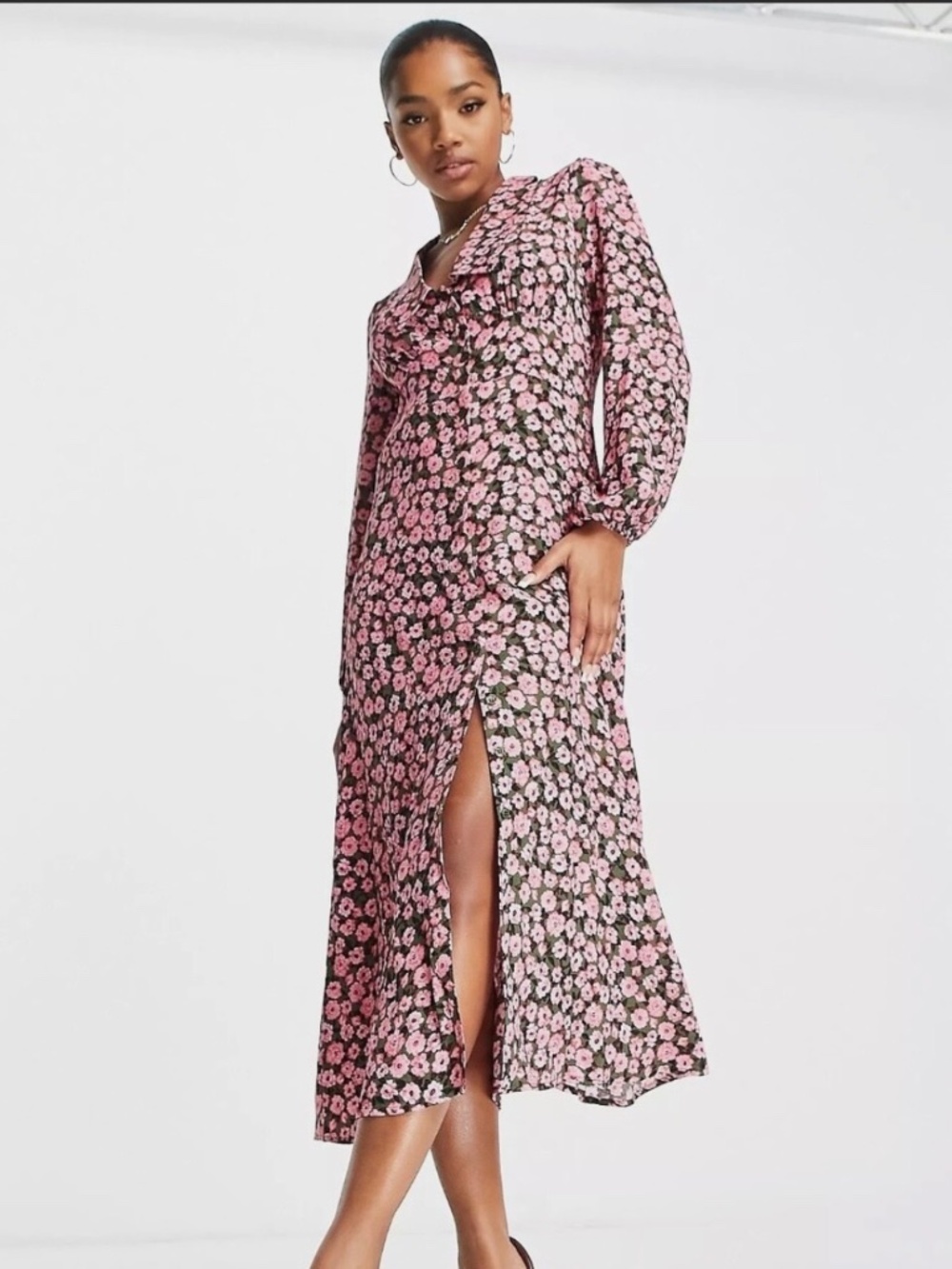 NOBODY’s CHILD/ ASOS DAISY COLLARED MIDI DRESS IN FUCHSIA BLOOM sz 12  US/16 UK